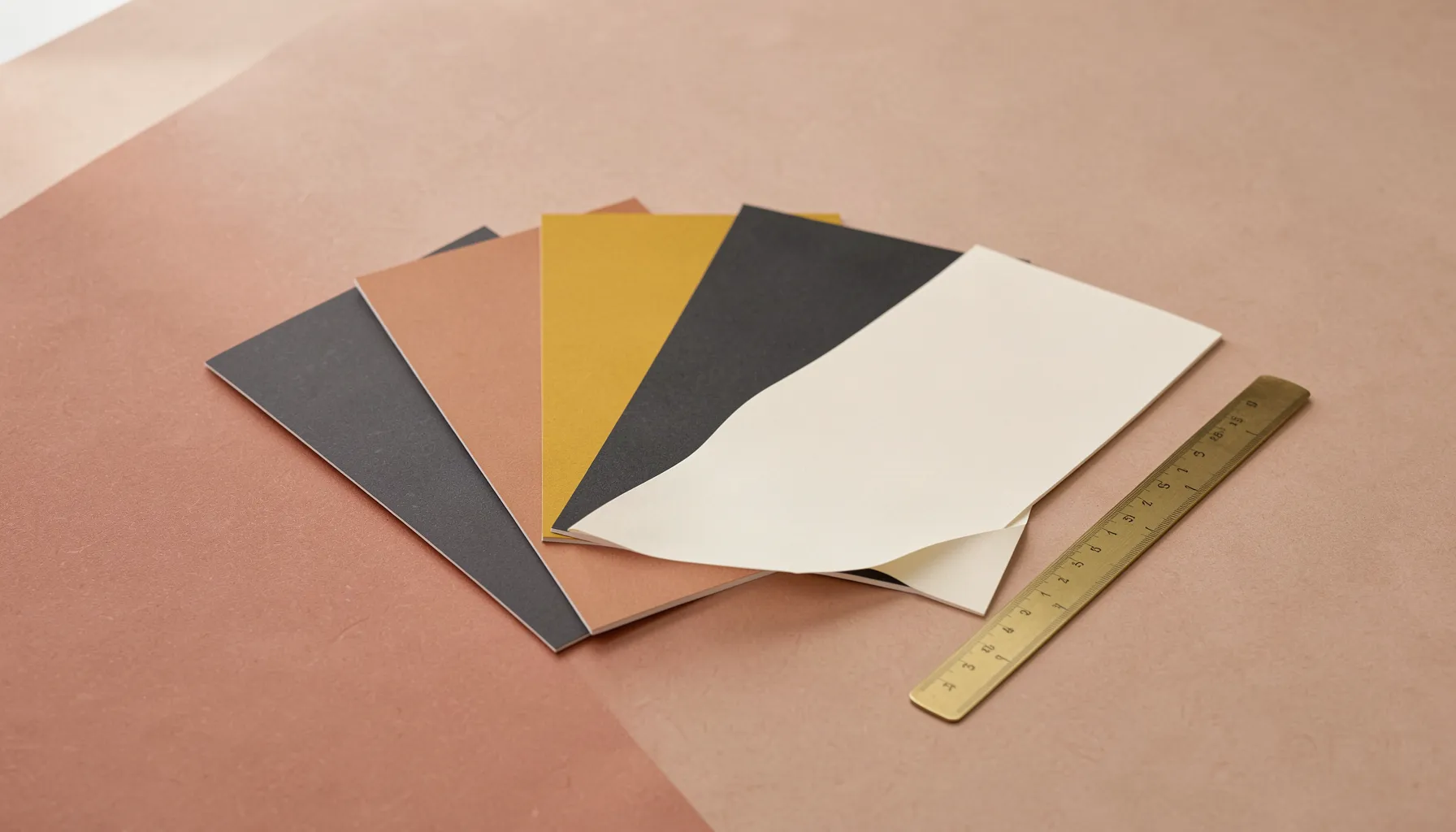 Five matte paper cards in grey, terracotta, ochre, charcoal and cream fanned on a terracotta table beside a brass ruler, in soft daylight.