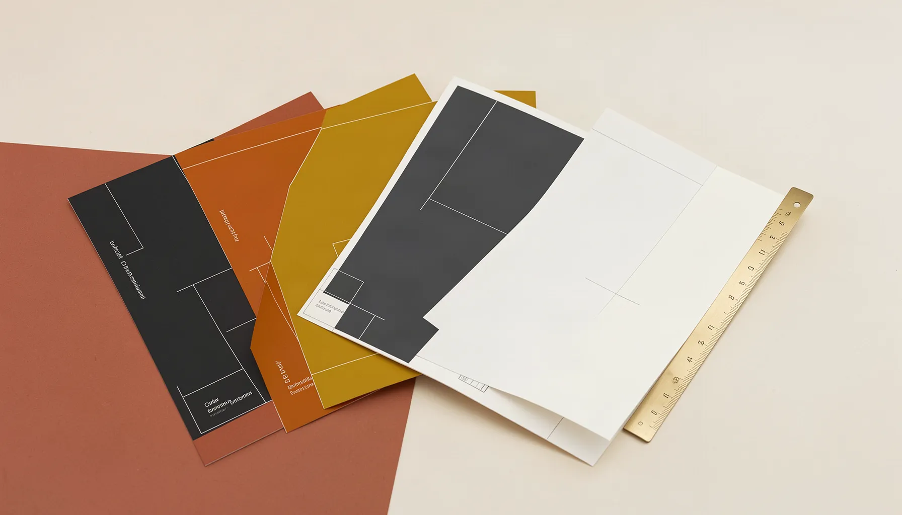 Fanned swatch cards in terracotta, orange, ochre, charcoal and white beside a brass ruler, with small garbled lettering printed on three of the cards.
