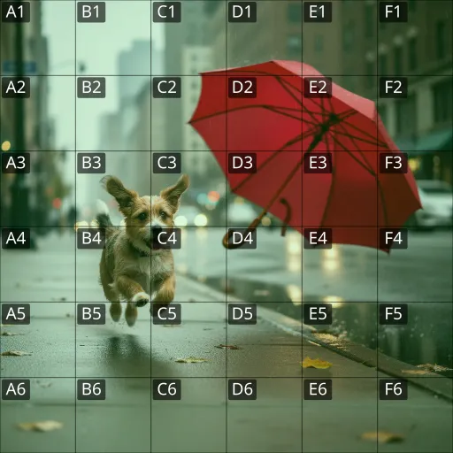 A street scene in the rain: a small dog runs along a wet pavement, with a red umbrella blown across the road behind it. A 6 by 6 grid is drawn over the picture, with the cell names A1 to F6 at the top left of each cell.