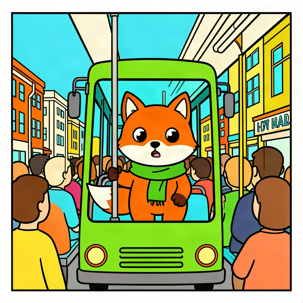 A cartoon scene inside a green bus: an orange fox in a green scarf stands behind a pole, with a crowd of passengers and colourful buildings around it.