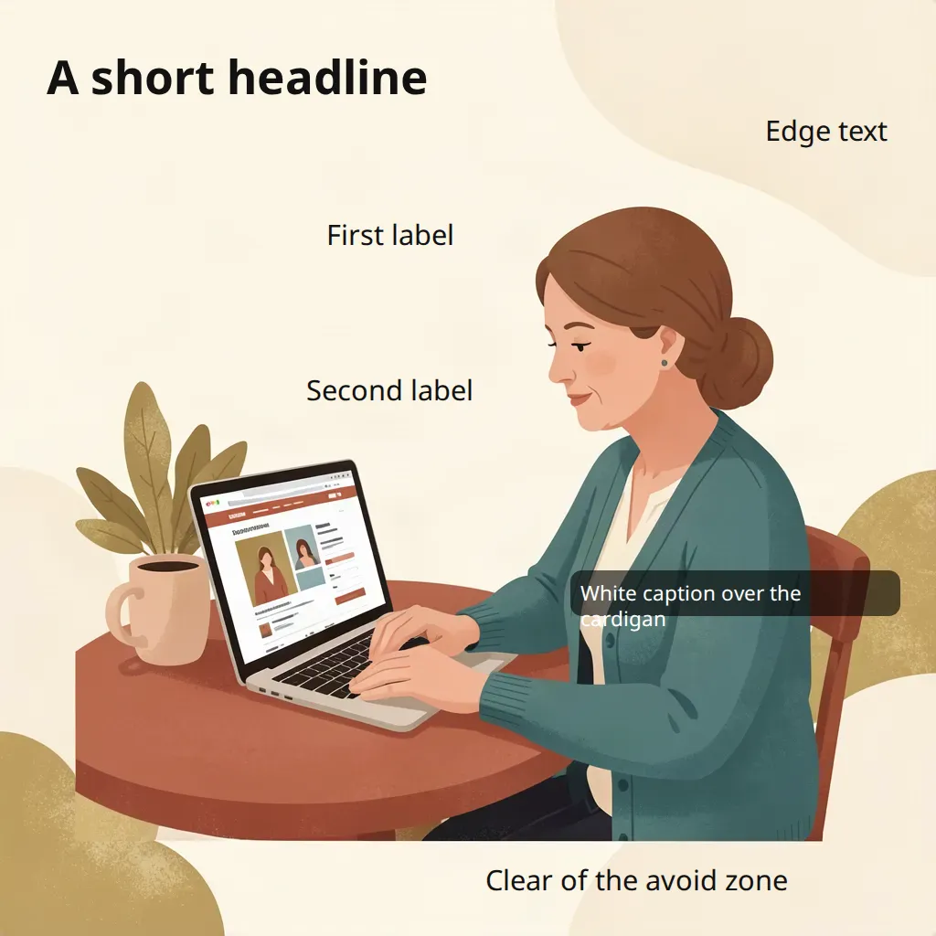 The same illustration with clean annotations: a short headline at the top left, two labels with space between them, a label at the top right, a white caption on a dark panel over the cardigan, and a label along the bottom.