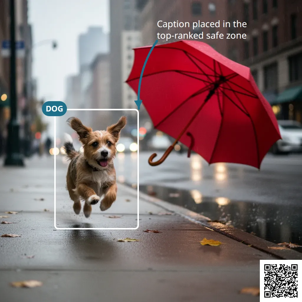 A street scene in the rain: a small dog runs along a wet pavement. A white outline box with a blue badge reading DOG surrounds the dog. A curved blue arrow runs from the caption Caption placed in the top-ranked safe zone, at the top right, down to the box. A square QR code is stamped in the bottom right corner.