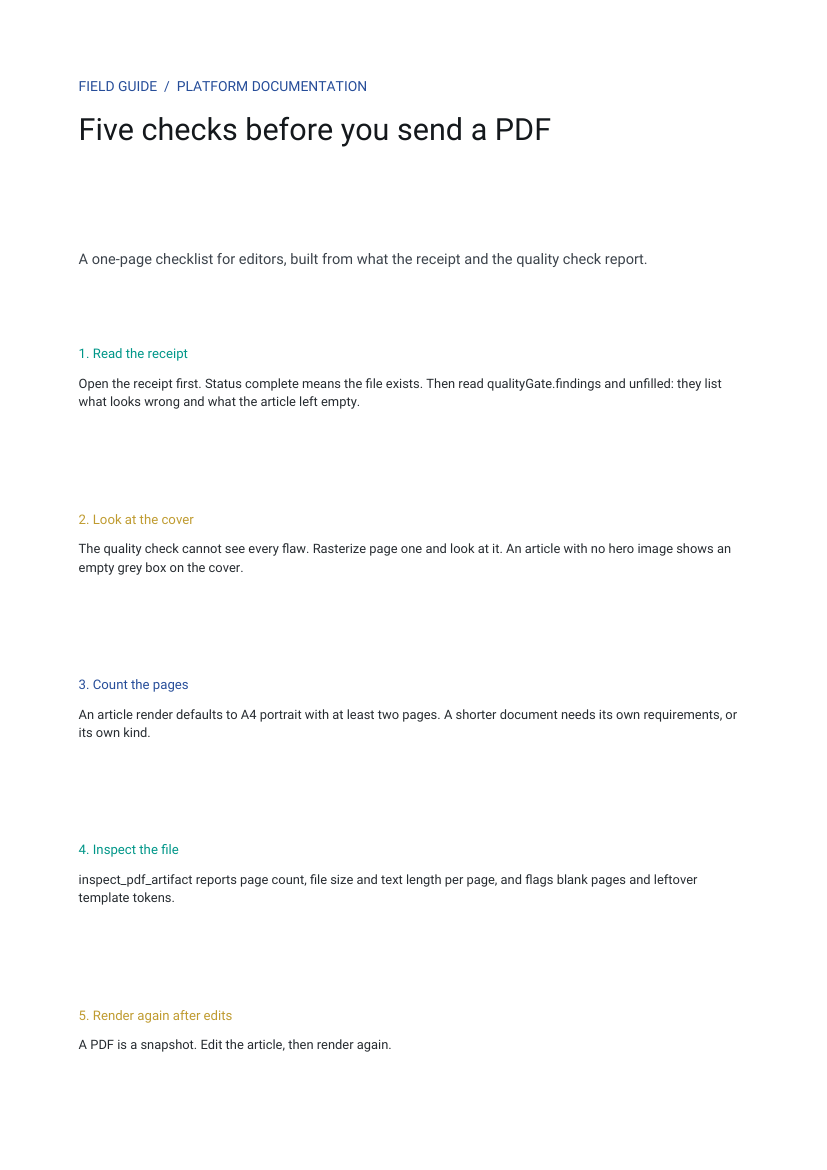 A one-page document titled Five checks before you send a PDF. It lists five short numbered notes: read the receipt, look at the cover, count the pages, inspect the file, and render again after edits.
