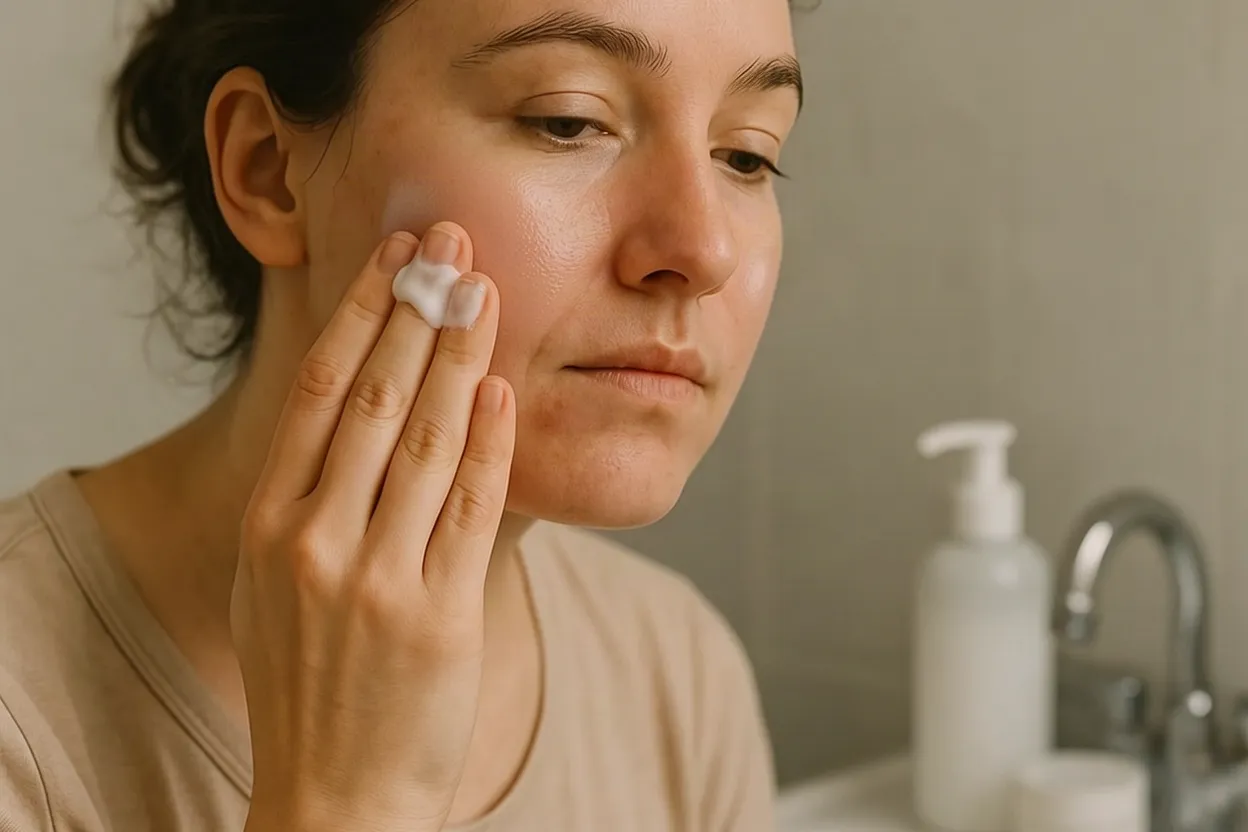 The same woman, but the cream now sits on her fingertips and her whole face looks shiny.