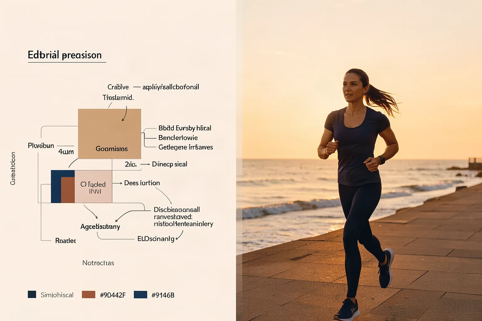 Wide image: a runner on a seaside promenade at sunrise on the right, with a cream panel of diagram labels on the left.