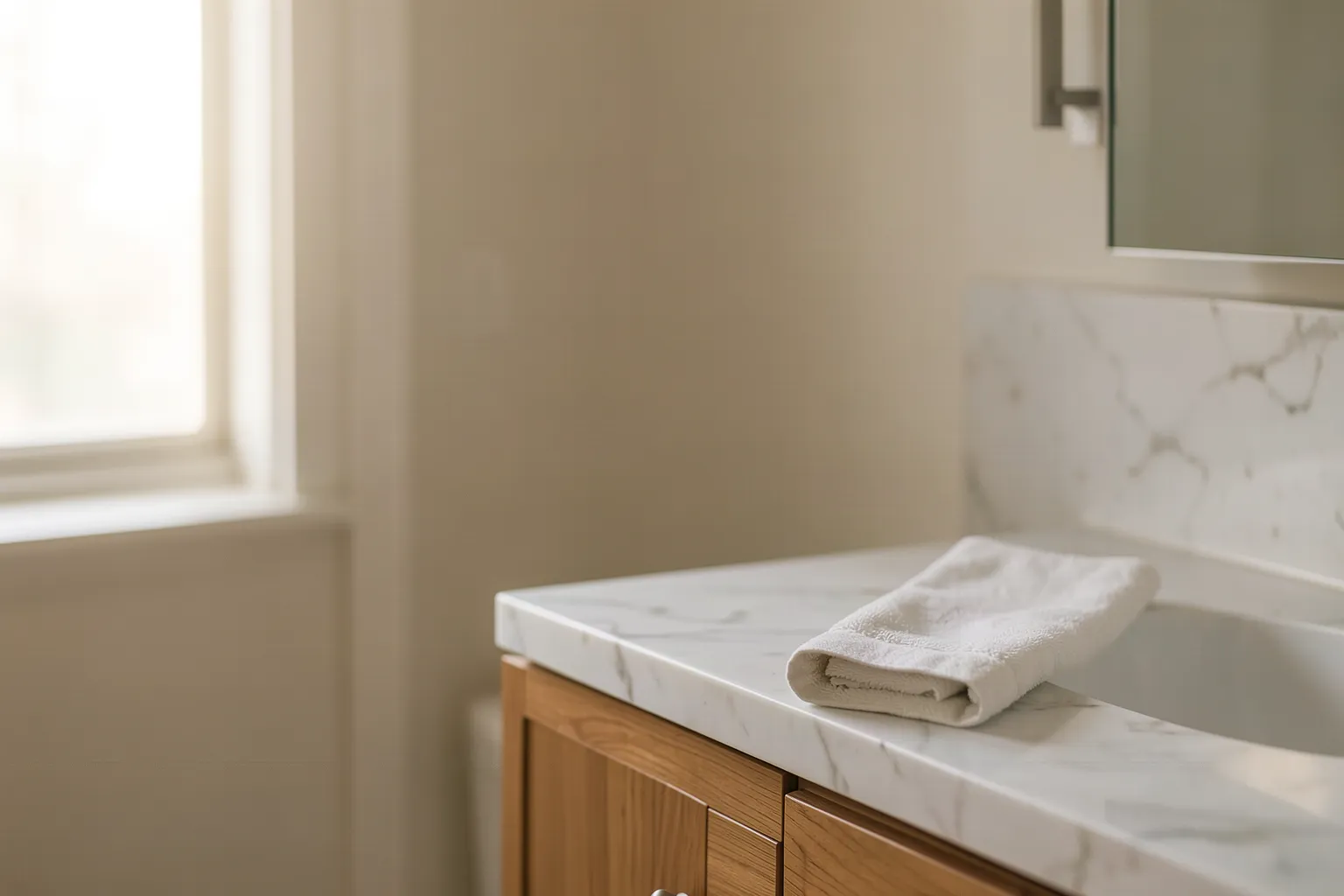 An empty marble bathroom counter with a folded white towel and a window to the left.