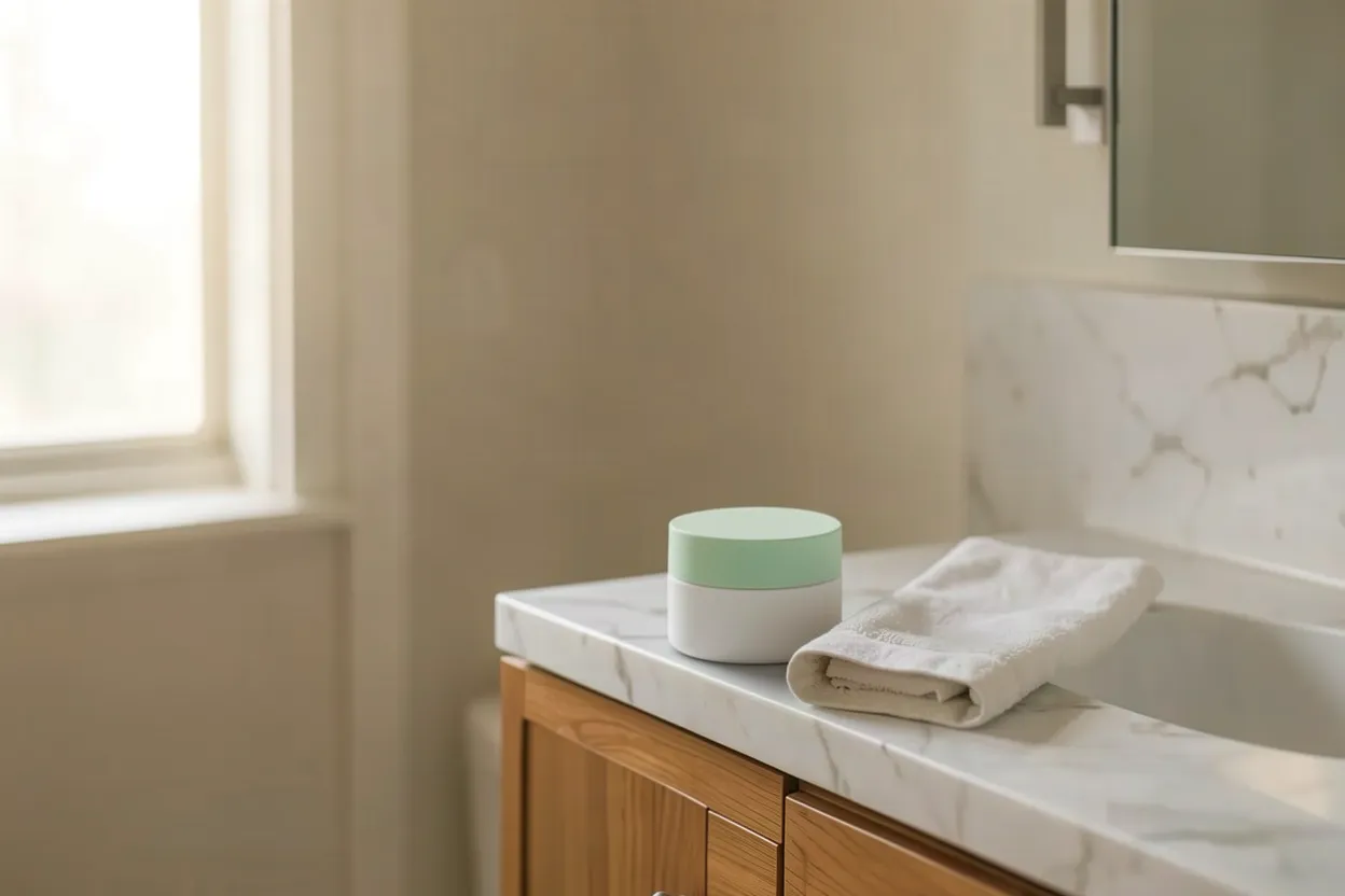 The same counter with the white jar and its green lid standing beside the towel, with a soft shadow.
