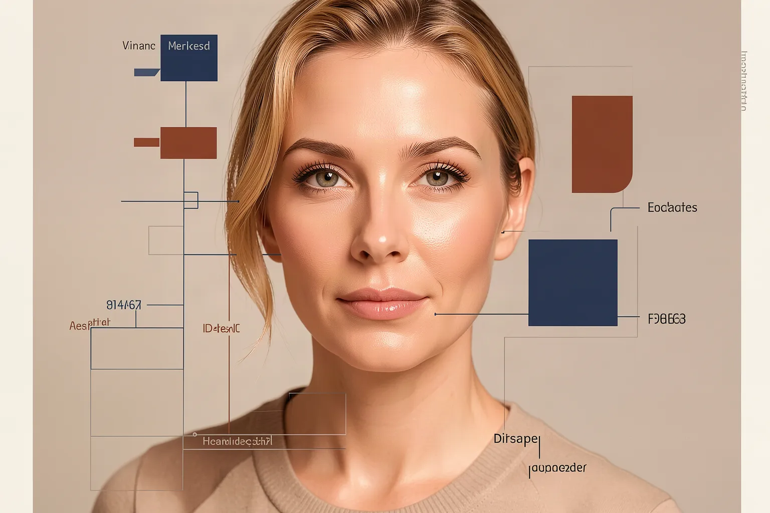 Close portrait of a woman with glossy, airbrushed skin, beside diagram boxes with invented labels.