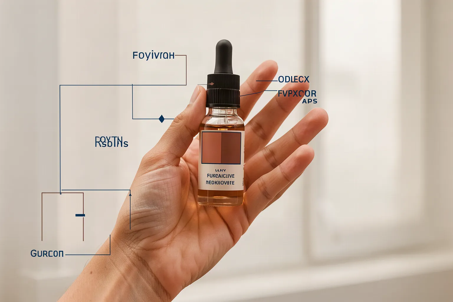 An open hand with five digits holding a small dropper bottle in front of a window, with diagram lines and invented labels around it.