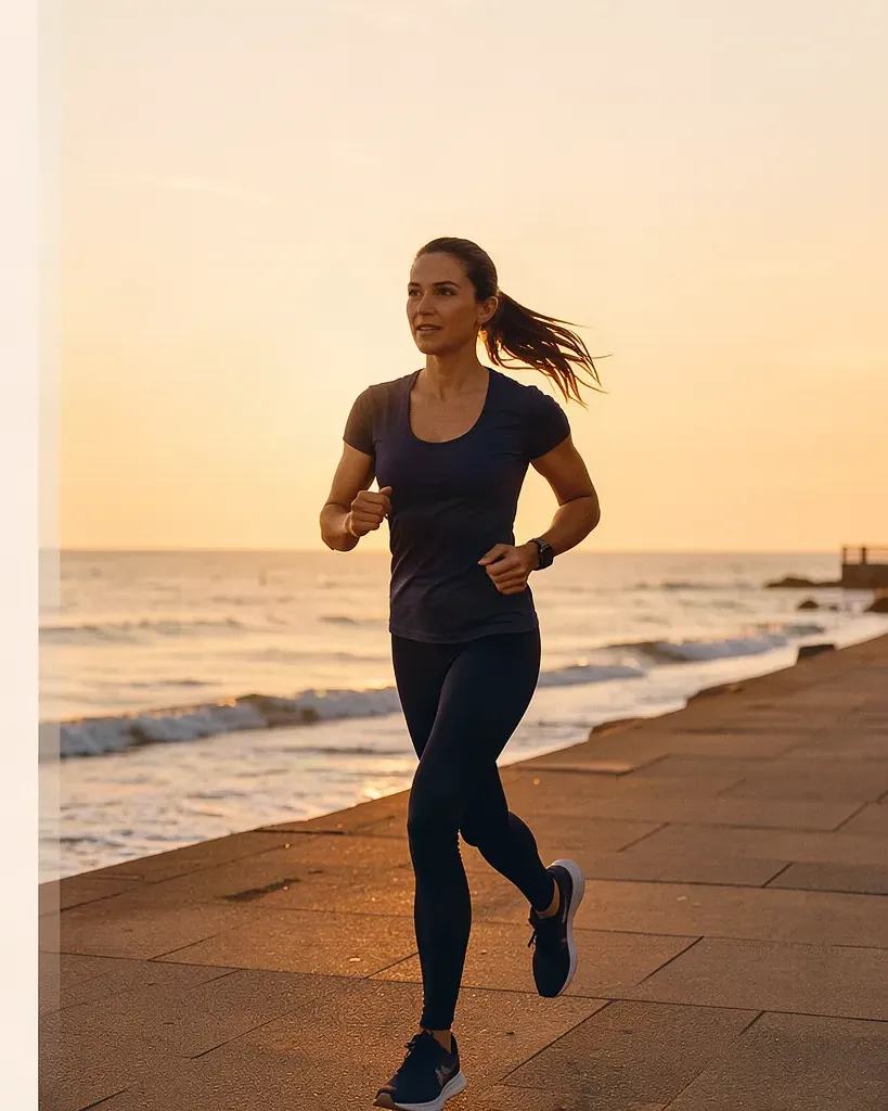 Portrait crop showing the runner from head to feet with sea and sky.