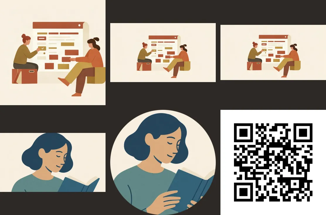 Six images in a grid of three columns and two rows on a dark background: a square view of two people at a planning board, a wider crop of the same, a share card of the same scene, a crop of a woman reading, her round avatar, and a black-and-white QR code.