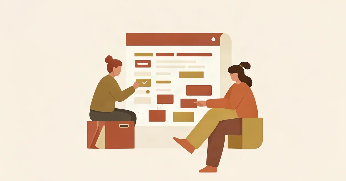 Wide card-shaped illustration of two people seated either side of a large planning board with coloured cards, on a cream background.