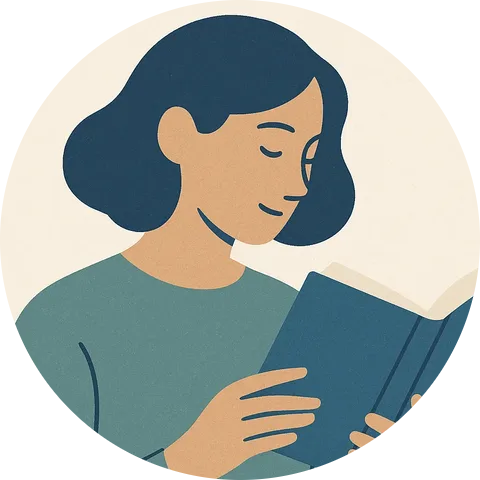 Circular portrait of a woman with dark hair reading an open book, on a cream background inside the circle.
