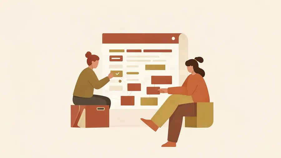 Wide crop of the same illustration. Two people sit either side of a planning board covered in cards, and both are fully in frame.