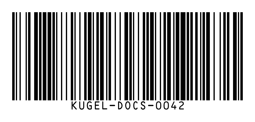 A Code 128 barcode of vertical black bars on white, with the text KUGEL-DOCS-0042 printed beneath.