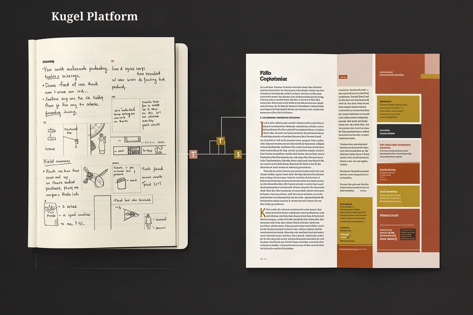 The home image with the words Kugel Platform in cream serif lettering at the top left, on the dark ground above the notebook.