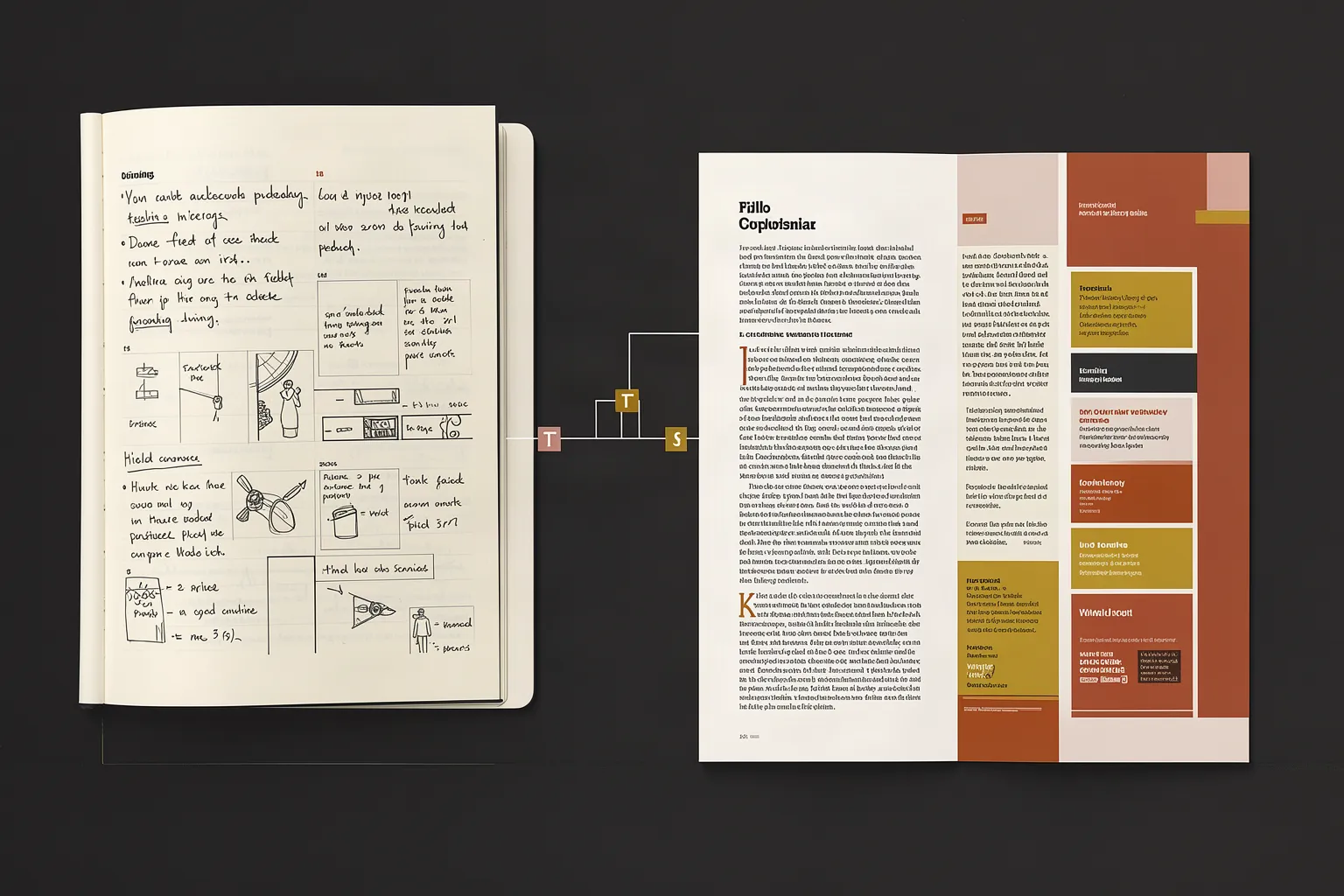 The site's home image: a handwritten notebook on the left and a typeset magazine spread on the right, joined by a thin line with three small markers, on a near-black background.