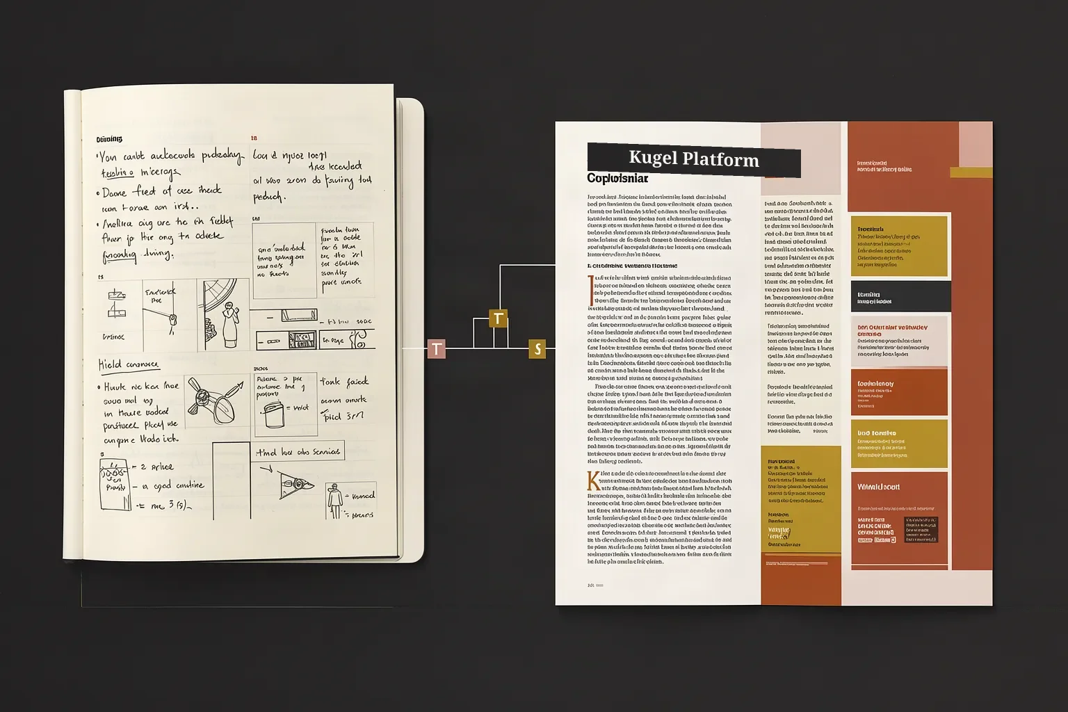 The home image with a dark tile carrying the words Kugel Platform in cream, tilted slightly, laid over the pale magazine page.