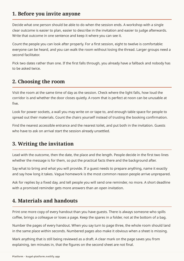 Page 2 of the sample document: four numbered sections of checklist text under serif headings.
