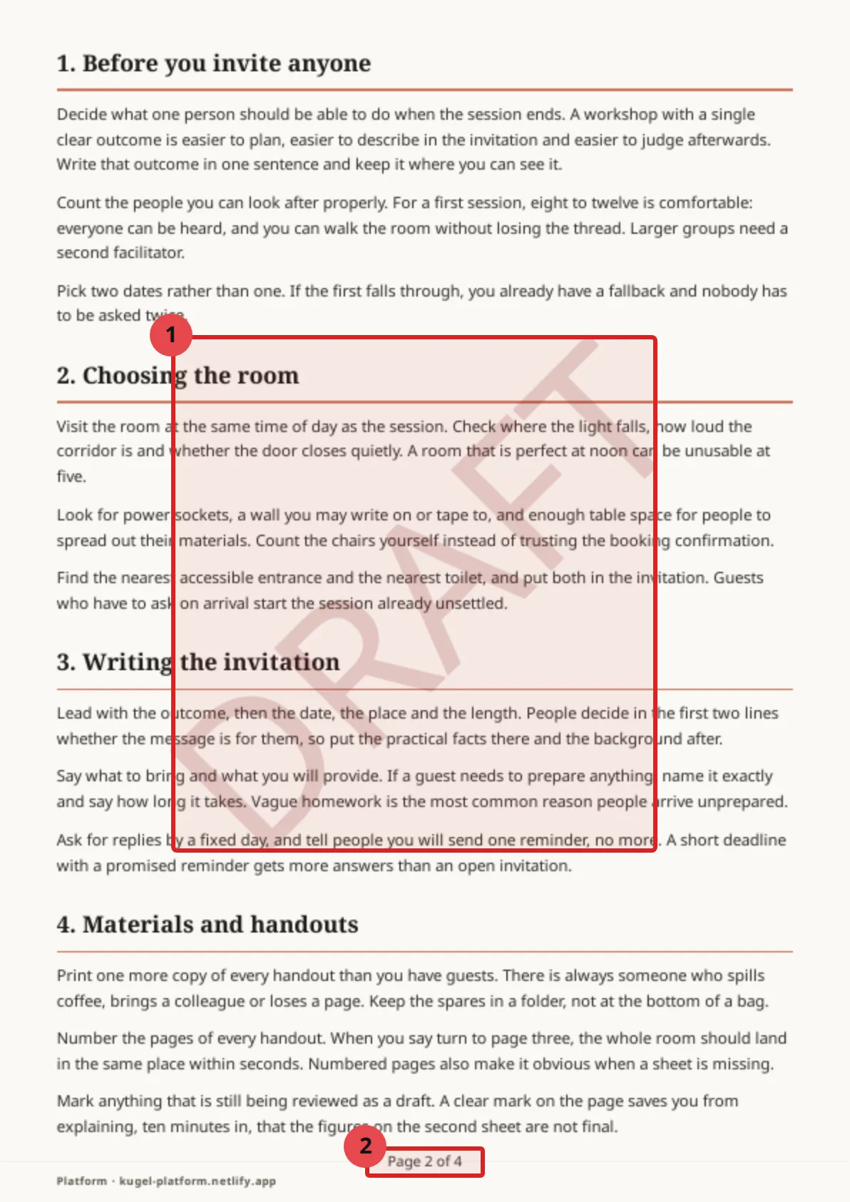 Page 2 of the stamped document with two red boxes and numbers: box 1 around the diagonal DRAFT watermark across the middle of the page, box 2 around the words Page 2 of 4 at the bottom.