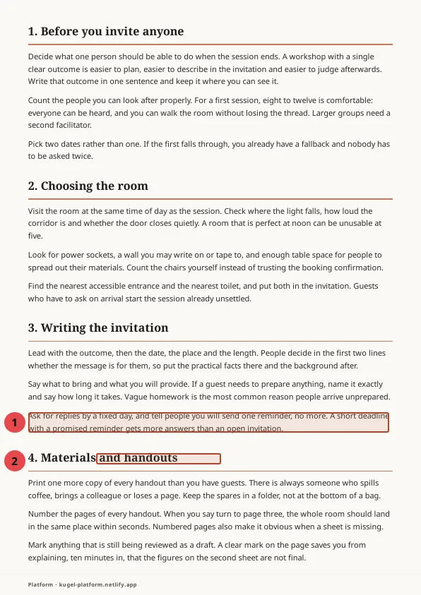 Page 2 of the original sample document with two red boxes and numbers: box 1 around the sentence about sending one reminder in section 3, box 2 around the end of the heading of section 4.