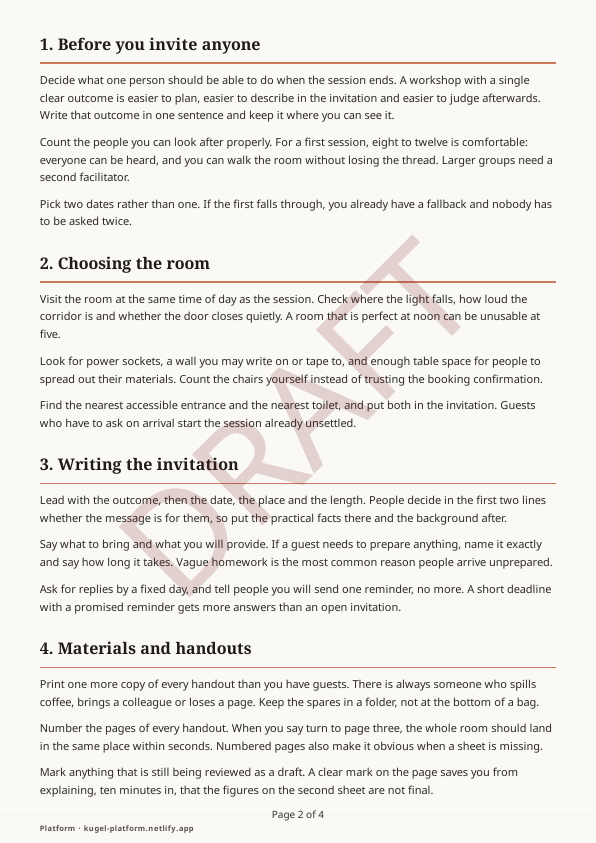Page 2 of the stamped document: checklist sections 1 to 4 with a large diagonal pale red DRAFT behind the text and the words Page 2 of 4 at the bottom centre.