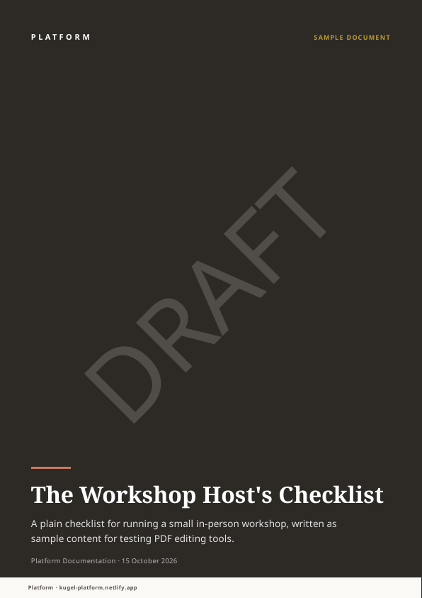 Page 1 of the stamped document: the dark cover with a large diagonal grey DRAFT across the middle.