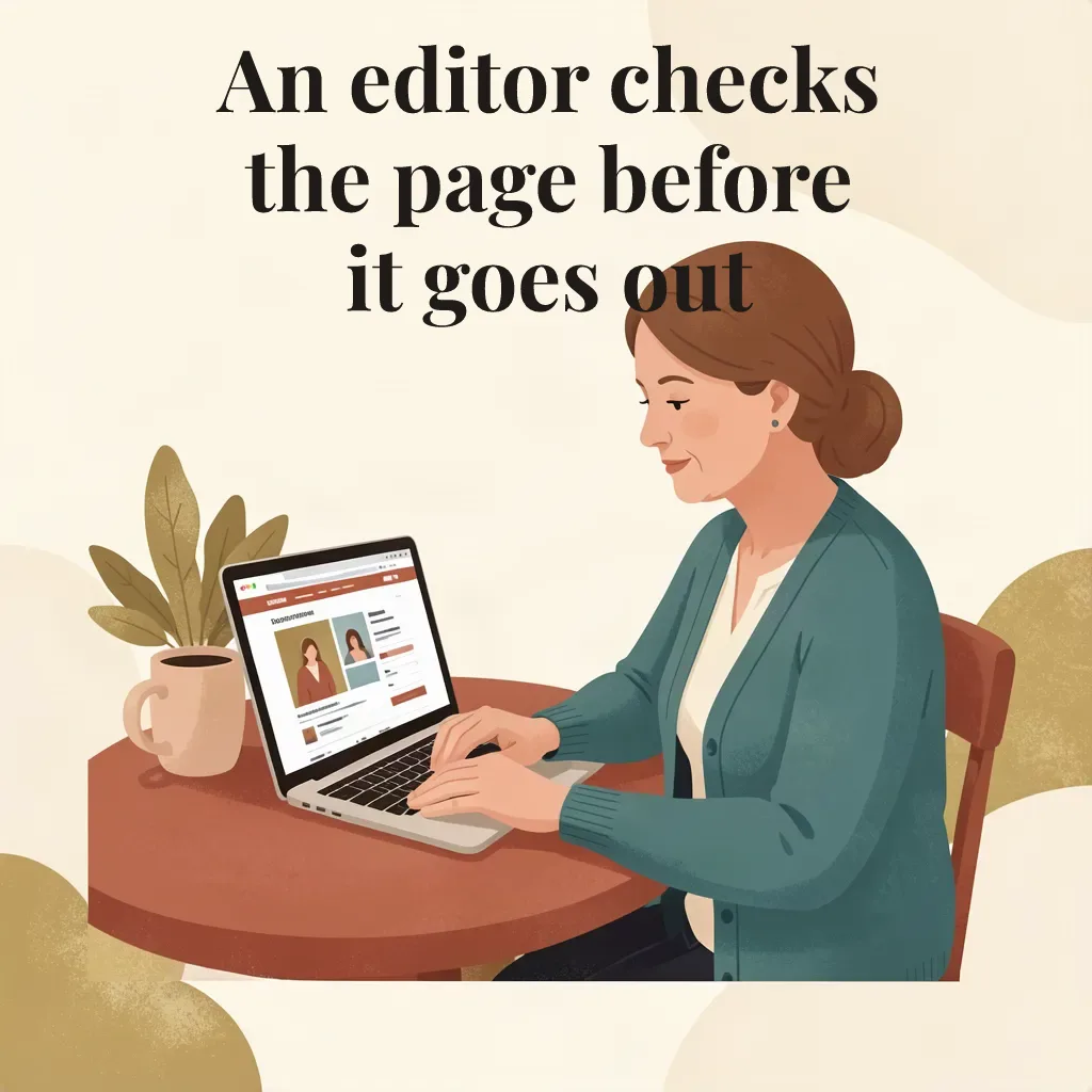 The same illustration with a three-line caption. The last line, it goes out, touches the top of the woman's hair.