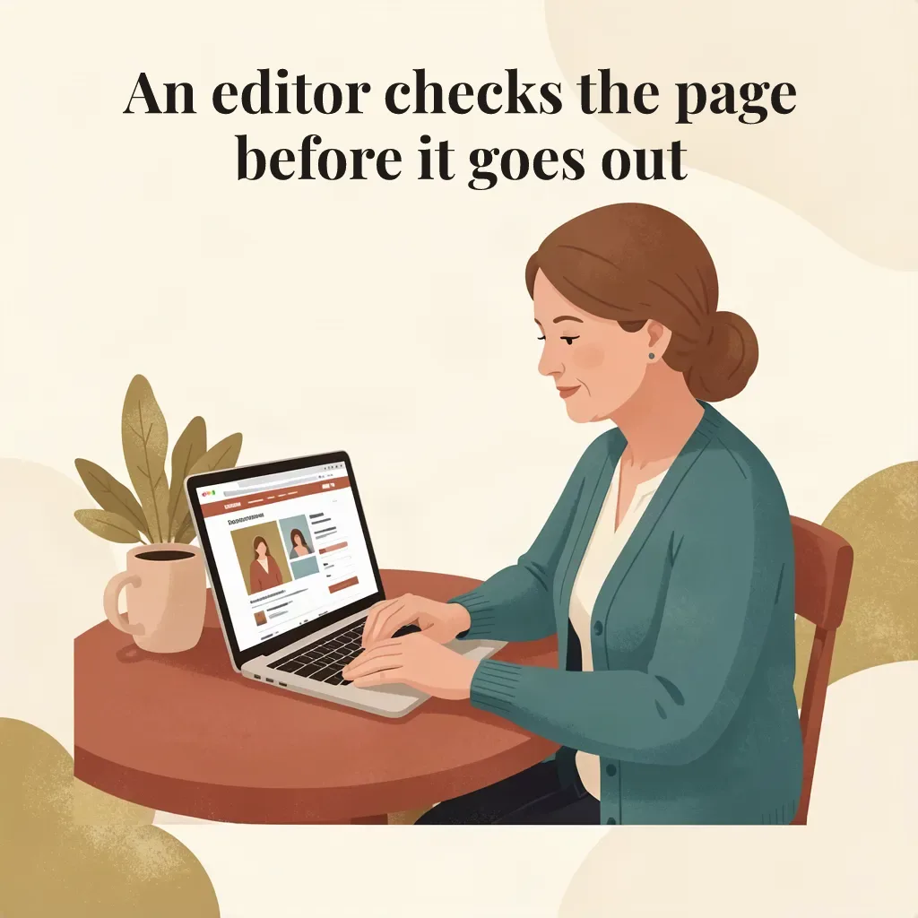 The same illustration and caption. The caption breaks after the word page: An editor checks the page, then before it goes out.