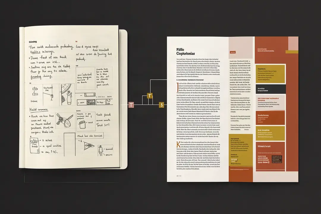 Handwritten notes and sketches on one side, a typeset magazine article on the other, joined by a path with three checkpoints