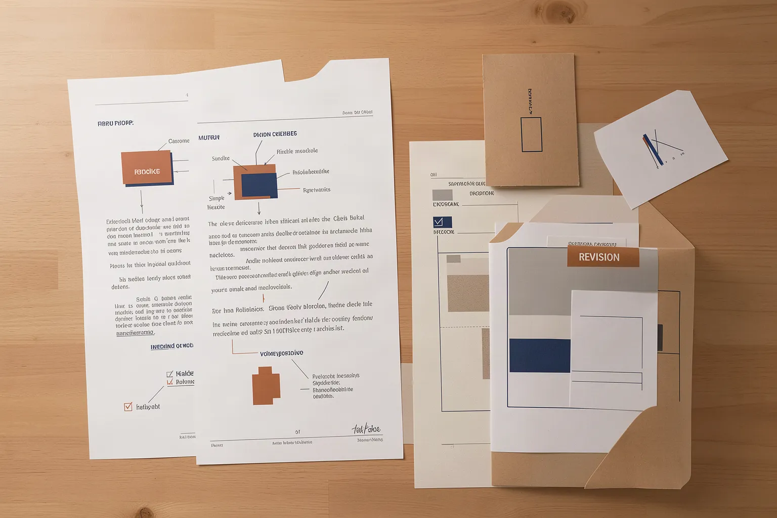 Conceptual workbench with a publication proof, checklist, image samples and revision folder