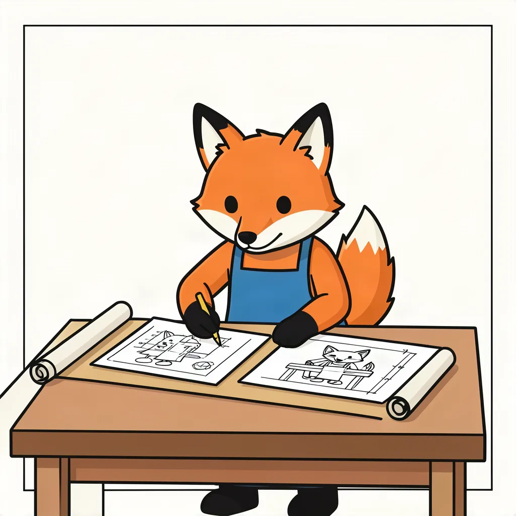 The fox works at the drafting table with two candidate drawings in front of it.