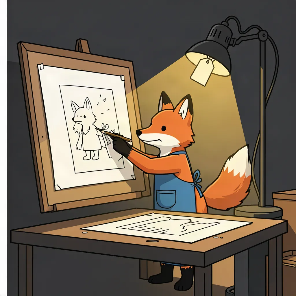 The fox pins the chosen drawing on a board while a lit lamp with a plain tag switches on.